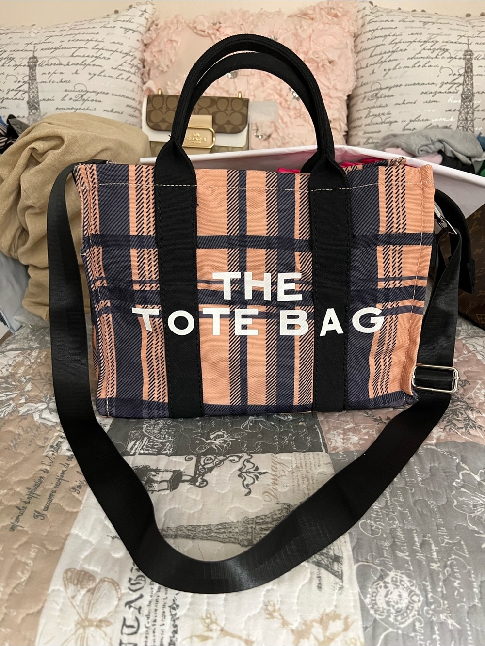 The Tote Bag Plaid Canvas Tote - Peach/Black